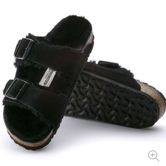 Birkenstock Shoes - Birkenstock Arizona Big Buckle Shearling Sandals Black NWOB EU 39